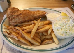 Fish and chips with cole slaw at SoNo Seaport Seafood in Norwalk.